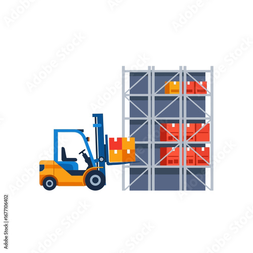 Warehouse Operations A Forklift Loading Boxes onto Shelves in a Storage Facility