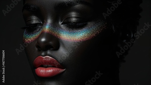 Glamorous beauty closeup with rainbow glitter makeup on dark skin, dramatic eye shadow and bold red lips, modern artistic fashion concept