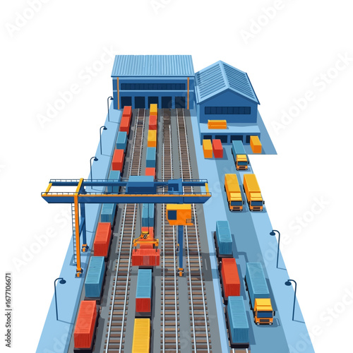 Isometric vector illustration of an automated cargo terminal with a gantry crane, trains, and trucks for efficient supply chain logistics