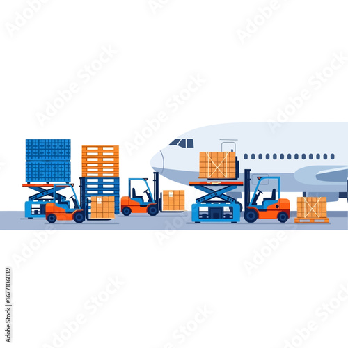 Efficient air cargo logistics featuring automated forklifts swiftly loading freight onto a transport airplane for global distribution