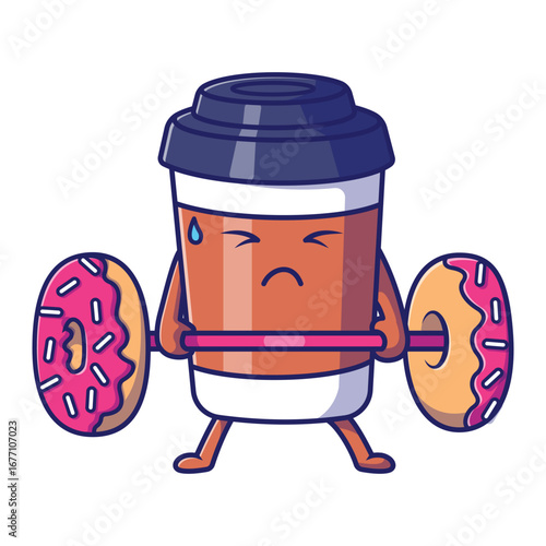 Coffee Cup Mascot Lifting Donut Weights - Funny Cartoon for Fitness and Food.