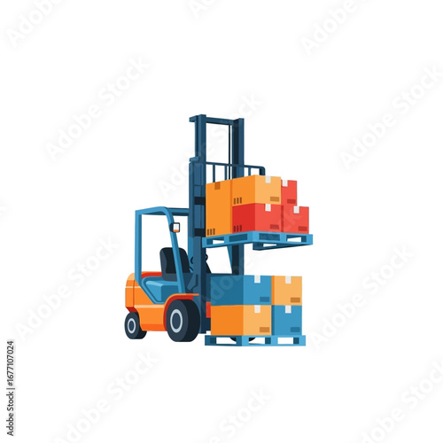 Automated warehouse logistics concept with a forklift vehicle moving stacked cargo boxes on pallets. Vector graphic isolated on a white background