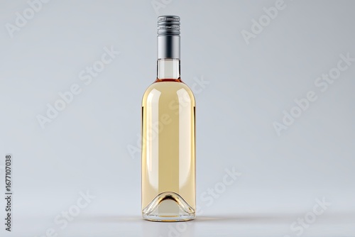 A clear glass wine bottle, light gold liquid, silver cap