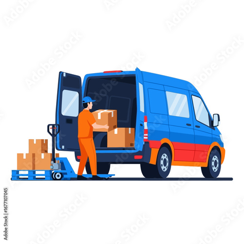 A warehouse worker efficiently loads cardboard boxes into a delivery van using a hand pallet truck, illustrating shipping and freight logistics