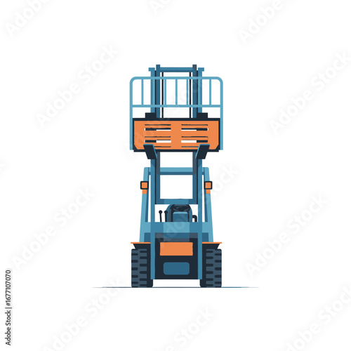Front view of an industrial forklift vehicle lifting a wooden pallet. Isolated vector illustration for warehouse machinery and cargo handling