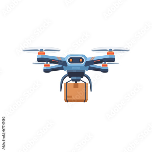 Vector illustration of an automated quadcopter drone performing a fast package delivery service. Modern aerial shipping technology concept