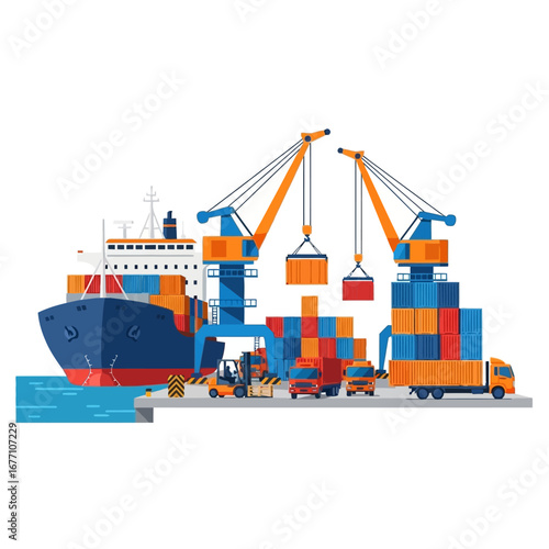 A busy shipping port with a large cargo ship being loaded with containers by cranes and trucks.