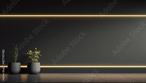 Modern minimalist wall with two plants.  Empty space for display