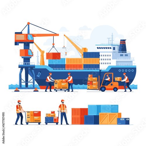 Cargo ship unloading at a port with workers using cranes and forklifts.