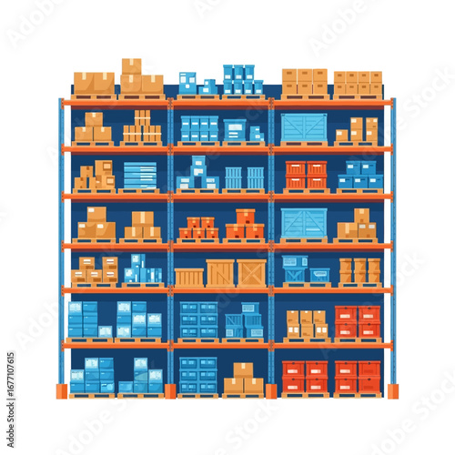 Organized warehouse shelves filled with cardboard boxes and wooden crates, perfect for logistics and storage concepts