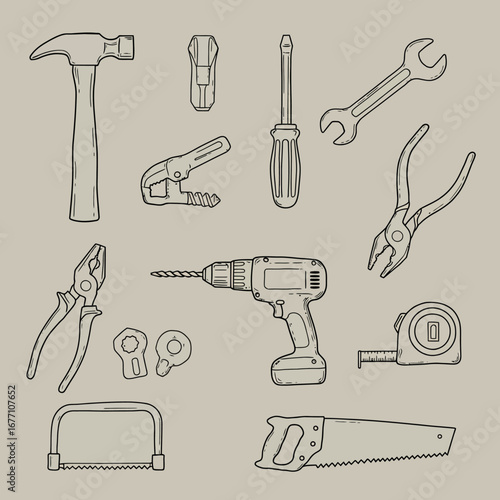A diverse set of hand and power tools, including a hammer, drill, and saw, depicted in a vintage line art style, suitable for construction and DIY.