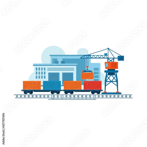 Modern Industrial Trainyard Scene with Crane Unloading Containers Illustration