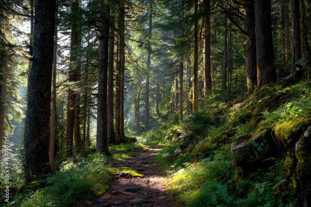 Naklejka premium Sunlit forest path through tall trees (1)