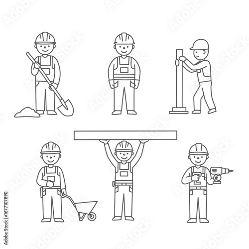 Diverse cartoon-style line drawings showcase essential construction industry professionals engaged in common building activities and tasks.