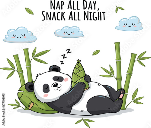 Funny cartoon panda napping with dumpling snack and “Nap All Day, Snack All Night” quote, surrounded by bamboo and clouds