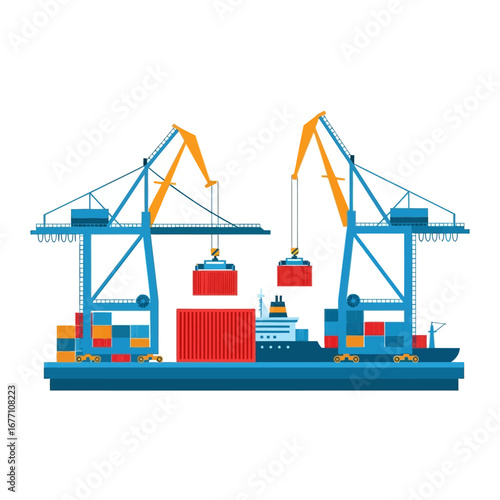 Shipping industry illustration Port cranes loading containers onto a cargo ship