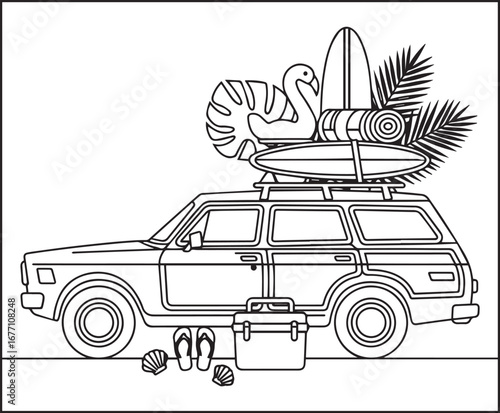 Hello summer beautiful car with vacation elements vector outline coloring page for kids and adults 