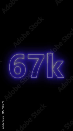 Glowing red neon 66K light text animation. Shining neon number motion graphic for 66K followers and subscribers celebration. Social media milestone achievement neon effect video on black background.