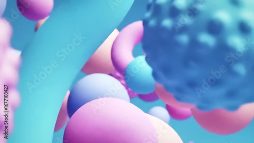 Abstract 3D Animation: Pastel Spheres & Shapes Floating in a Blue Space