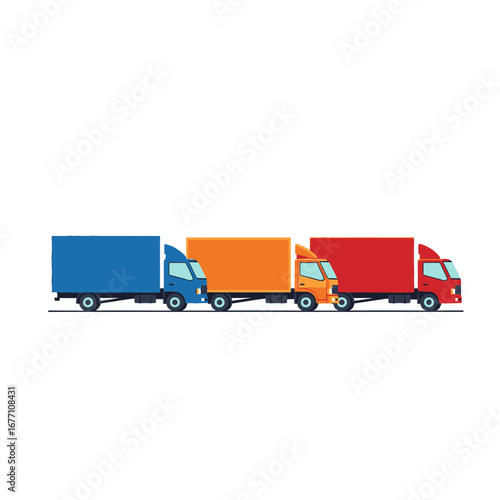 Three colorful delivery trucks are lined up and ready for cargo transport and logistics operations
