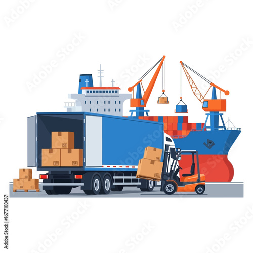 Illustration of a truck, forklift, and cargo ship engaged in loading and unloading goods, depicting global logistics and freight transportation