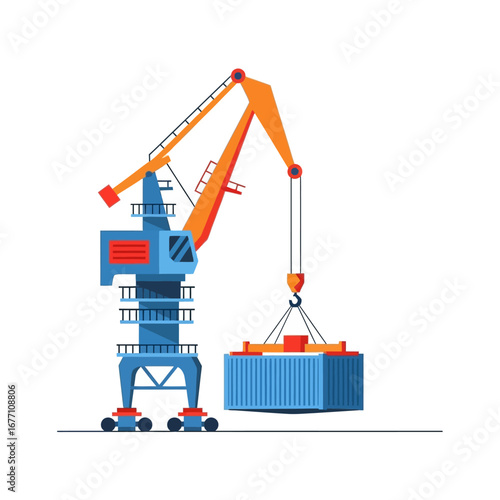 Industrial port gantry crane whisking a heavy shipping container for efficient global logistics and cargo transportation