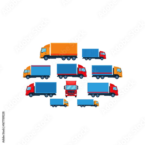 A variety of colorful trucks and semi-trucks arranged in a circular pattern on a white background