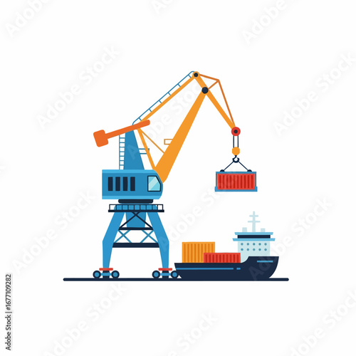 Vector illustration of a port crane loading a shipping container onto a cargo vessel in a harbor, symbolizing global logistics and trade