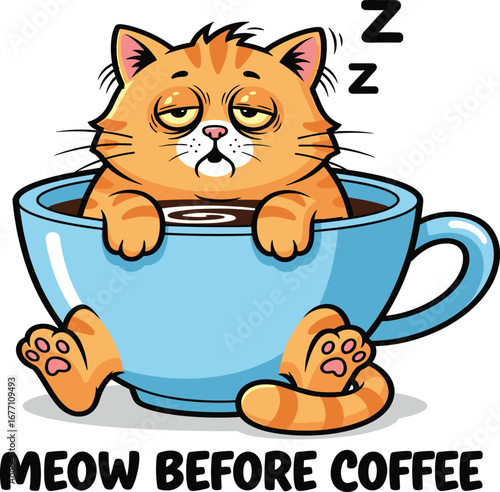 Funny sleepy cat in coffee cup with meow quote, cartoon illustration for caffeine lovers, cozy t-shirt design and morning humor