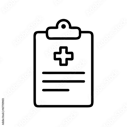 Outline illustration of a medical clipboard with a plus sign and lines representing text on the paper