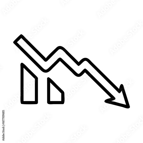 Declining graph with arrow pointing downwards and decreasing bars in a minimalist outline style design icon