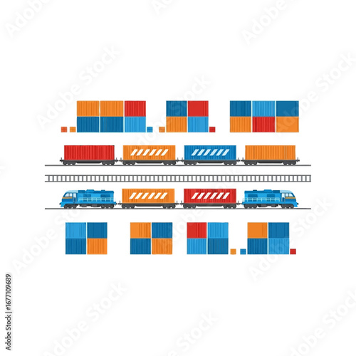 Vector illustration set for freight logistics, featuring cargo trains, colorful shipping containers, and railroad tracks, symbolizing efficient global transportation and delivery services