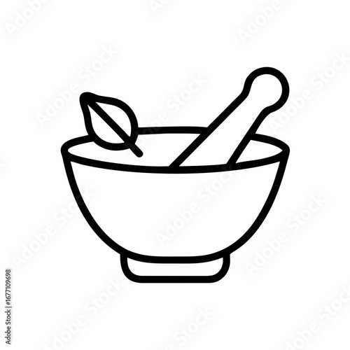Outline illustration of a mortar and pestle with a leaf in a bowl for herbal medicine preparation