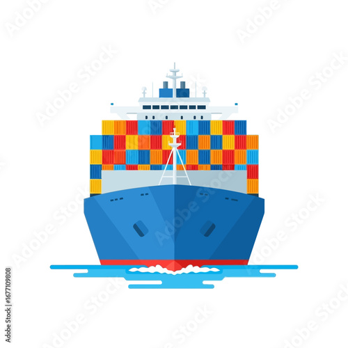 A detailed front view of a cargo container ship sailing on the water. A flat vector illustration representing global logistics and maritime freight