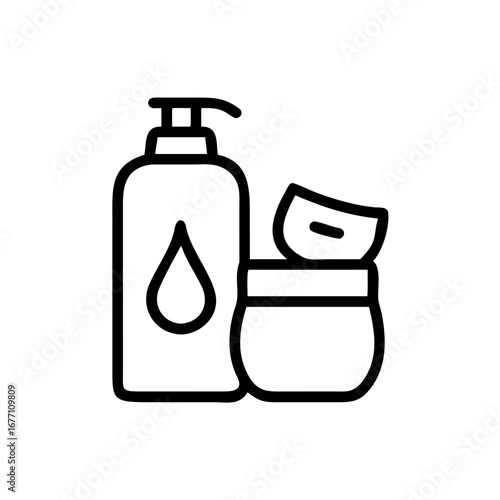 Outline drawing of a lotion bottle with pump and a cream jar with lid on top in black and white style
