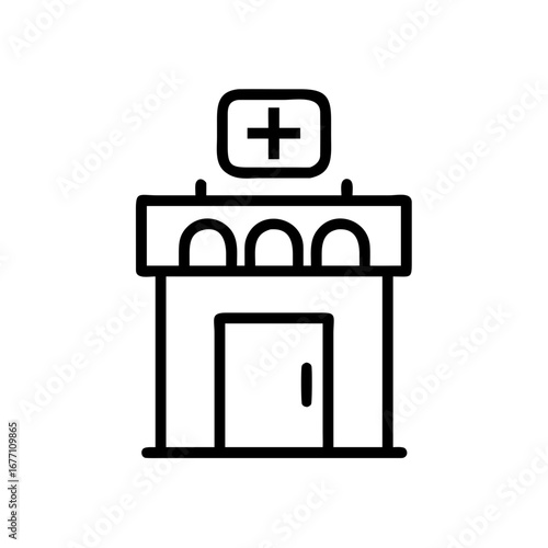 Outline of a medical building with a plus sign on top and a door in the center of the building front