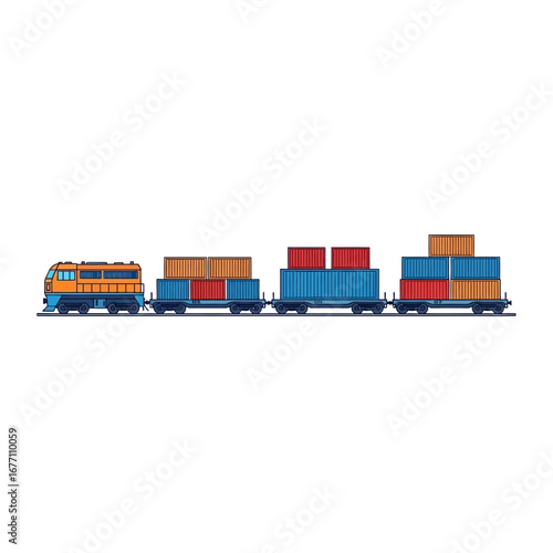 Flat Vector Illustration of Freight Train Transporting Cargo Containers