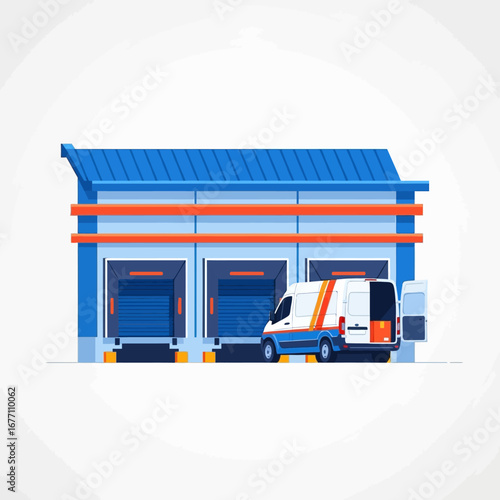 Illustration of a delivery truck parked in front of a warehouse with loading docks, ready for service