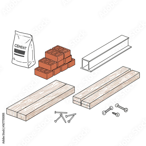 An essential assortment of diverse building materials including a bag of cement, stacked bricks, wooden planks, and metal beams, ready for construction.
