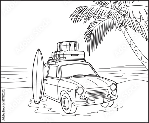 Hello summer beautiful car with vacation elements vector outline coloring page for kids and adults 