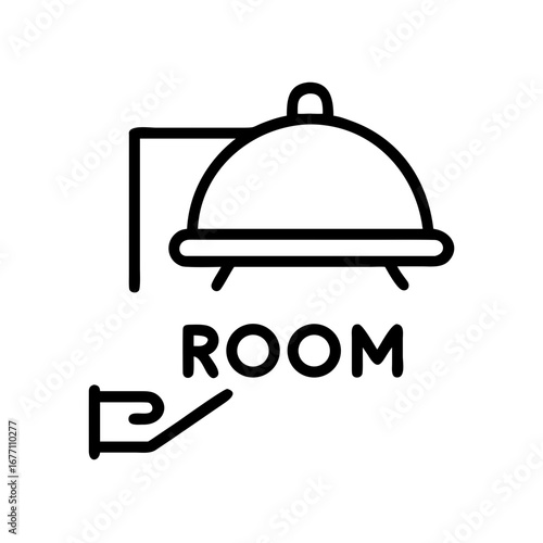 Illustration of a room service sign with a dome shaped food cover and a hand holding the sign post