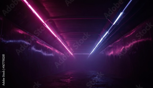 Dark tunnel with vibrant neon lights