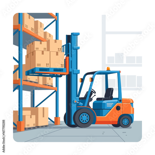 Industrial forklift actively transporting and stacking cargo boxes on pallets in a modern warehouse environment, illustrating efficient material handling and logistics solutions