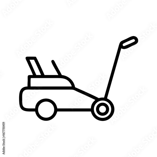 An illustration of a lawn mower with a handle and two wheels in a simple outline style design icon