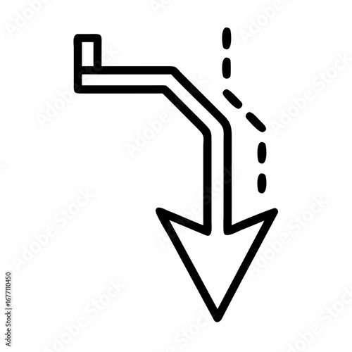 Black outline of a pipe connected to a wall with an arrow pointing downward and dotted line showing flow