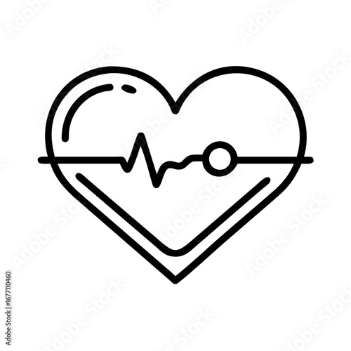 Heart outline with heartbeat line showing a pulse in black and white medical illustration style icon