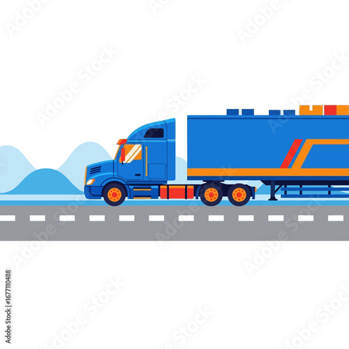 Blue Semi-Truck on Highway Transportation and Logistics Illustration
