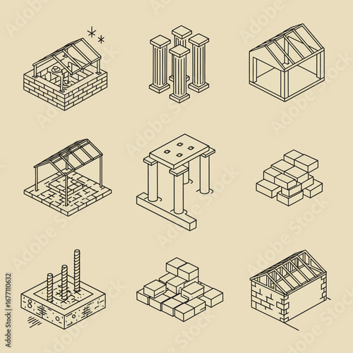 This detailed collection features isometric line art illustrations depicting various ancient architectural construction stages and fundamental building elements.