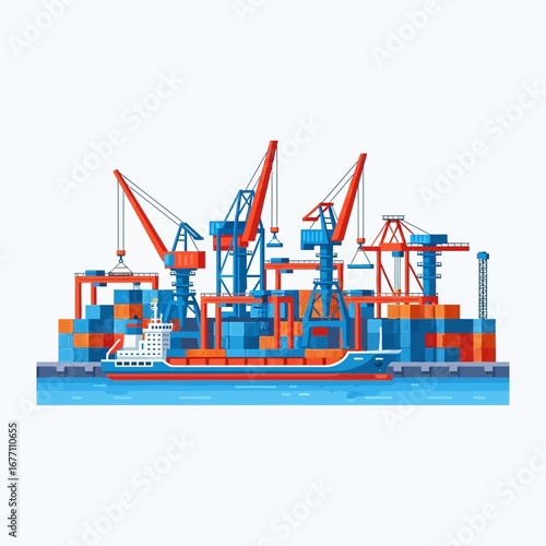 Vibrant vector illustration of a bustling international shipping port, featuring cargo ships, towering cranes, and stacked containers, essential for global trade and modern logistics