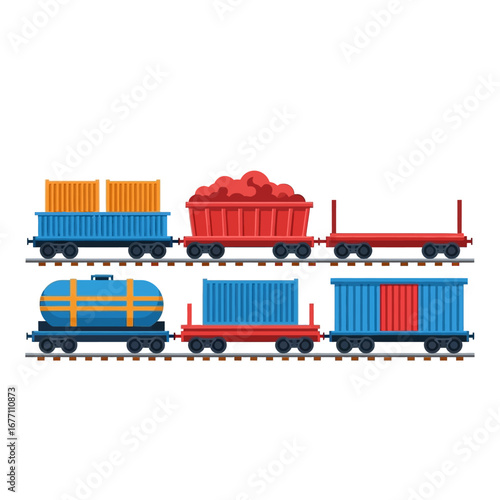 Illustration of a freight train with various cargo wagons on railroad tracks, transportation concept